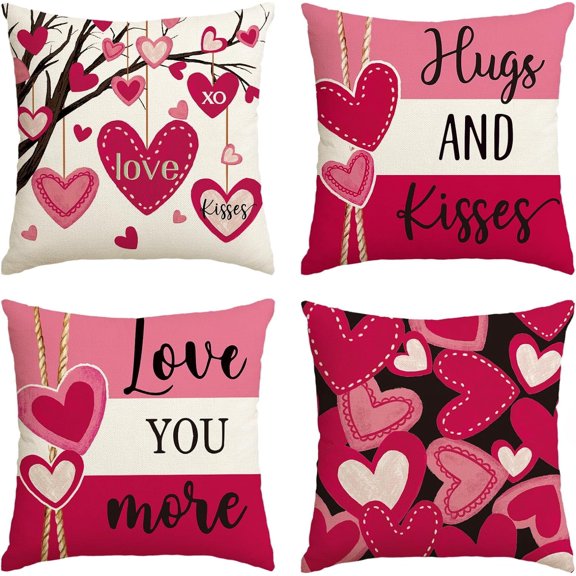 Valentine''s Day Hugs and Kisses Love You More Pink Throw Pillow Covers, 20 x 20 Inch Valentine Heart Stripes Wedding Cushion Case Decoration for Sofa Couch Set of 4