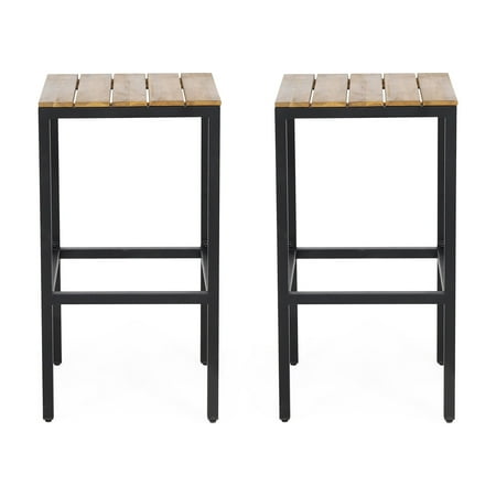 Alan Outdoor Modern Industrial Acacia Wood Bar Stools, Set of 2, Teak, Black