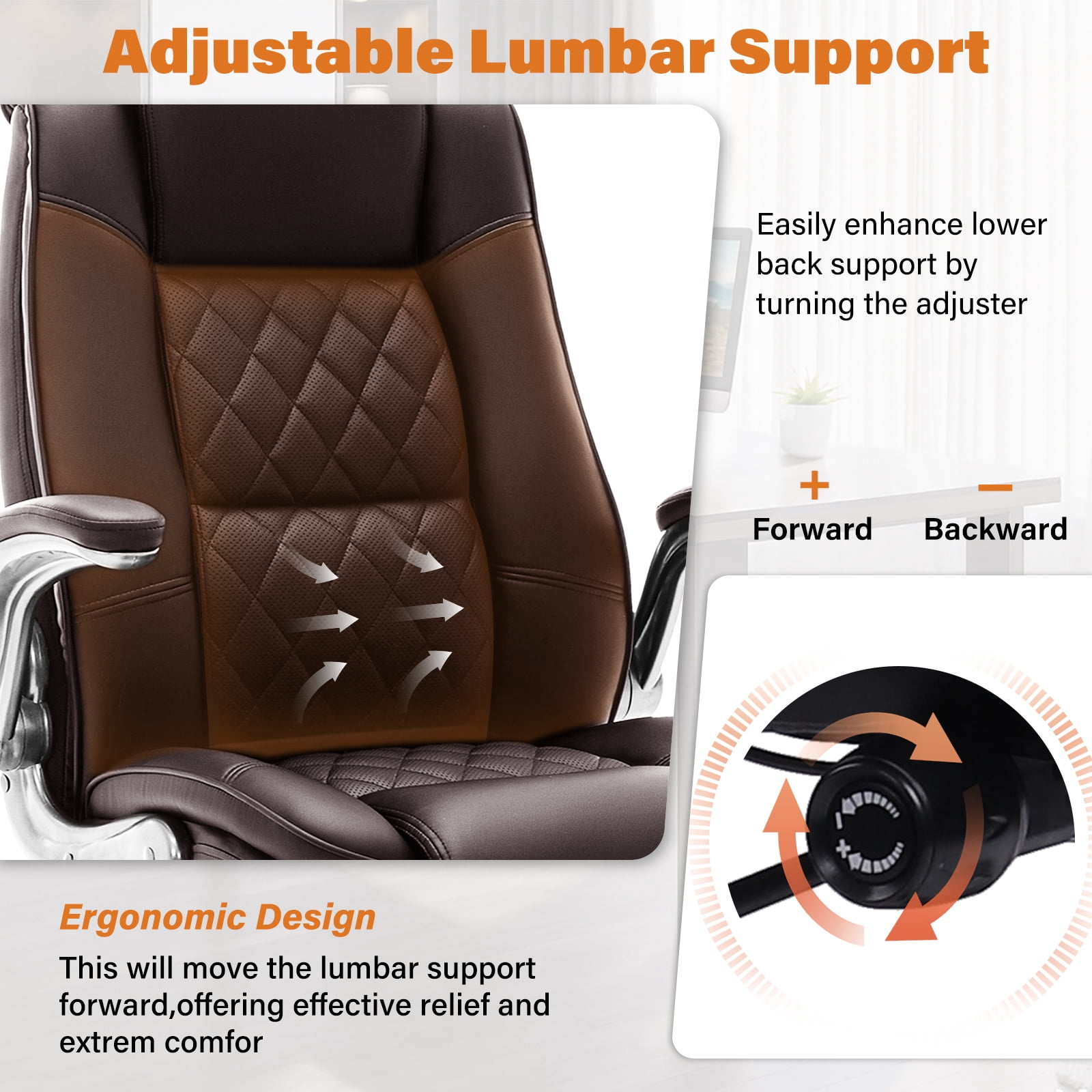 High Back Office Chair with Lumbar Support, Large Upholstered Executive Desk Chair, Faux Leather Computer Chair with Flip-up Arms, Rubber Wheels