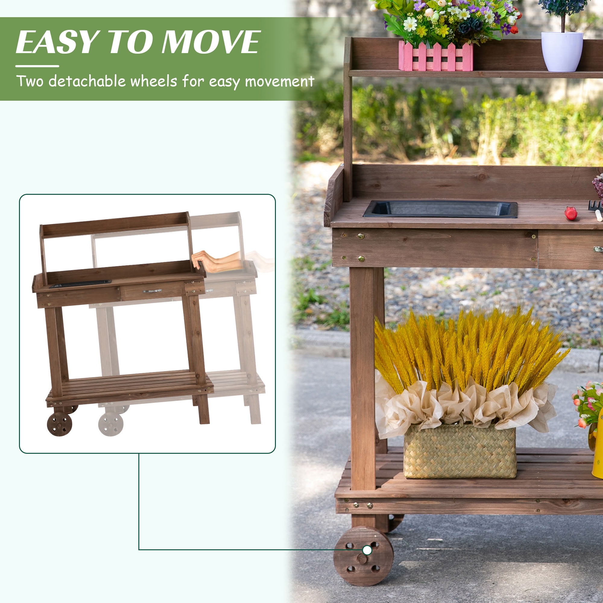 MAYEERTY 36" Wooden Potting Bench, Outdoor Garden Workstation with Removable Wheels, Sink, Drawer for Backyard, Patio, Deck