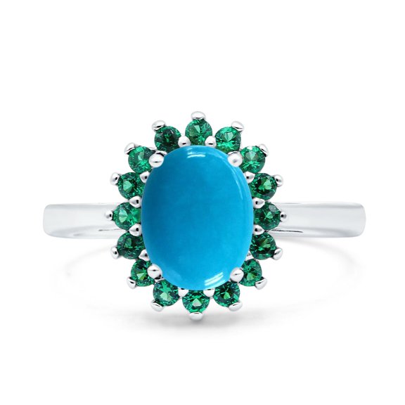 Genuine Natural Arizona Sleeping Beauty Turquoise Size-5 Art Deco Oval Vintage Style Floral Halo Green Emerald CZ Wedding Engagement Ring 925 Sterling Silver Gifts For Her