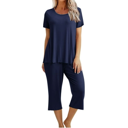 

Summer Savings Clearance Sets! Xihbxyly Women s Pajama Set Cute Printed Round Neck Short Sleeve Top and Long Pants Sleepwear Pjs Sets with Pockets Loungewear Summer Outfits Navy XXL