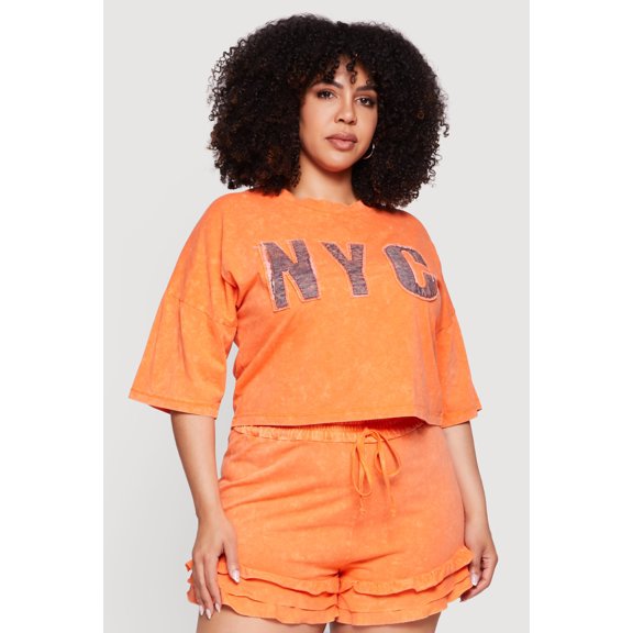 Women's Plus Size Acid Wash NYC Graphic Cropped Tee
