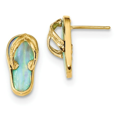 - Solid 14k Yellow Gold Polished with Created White Simulated Opal Flip Flop Post Earrings (8mm x 16mm)