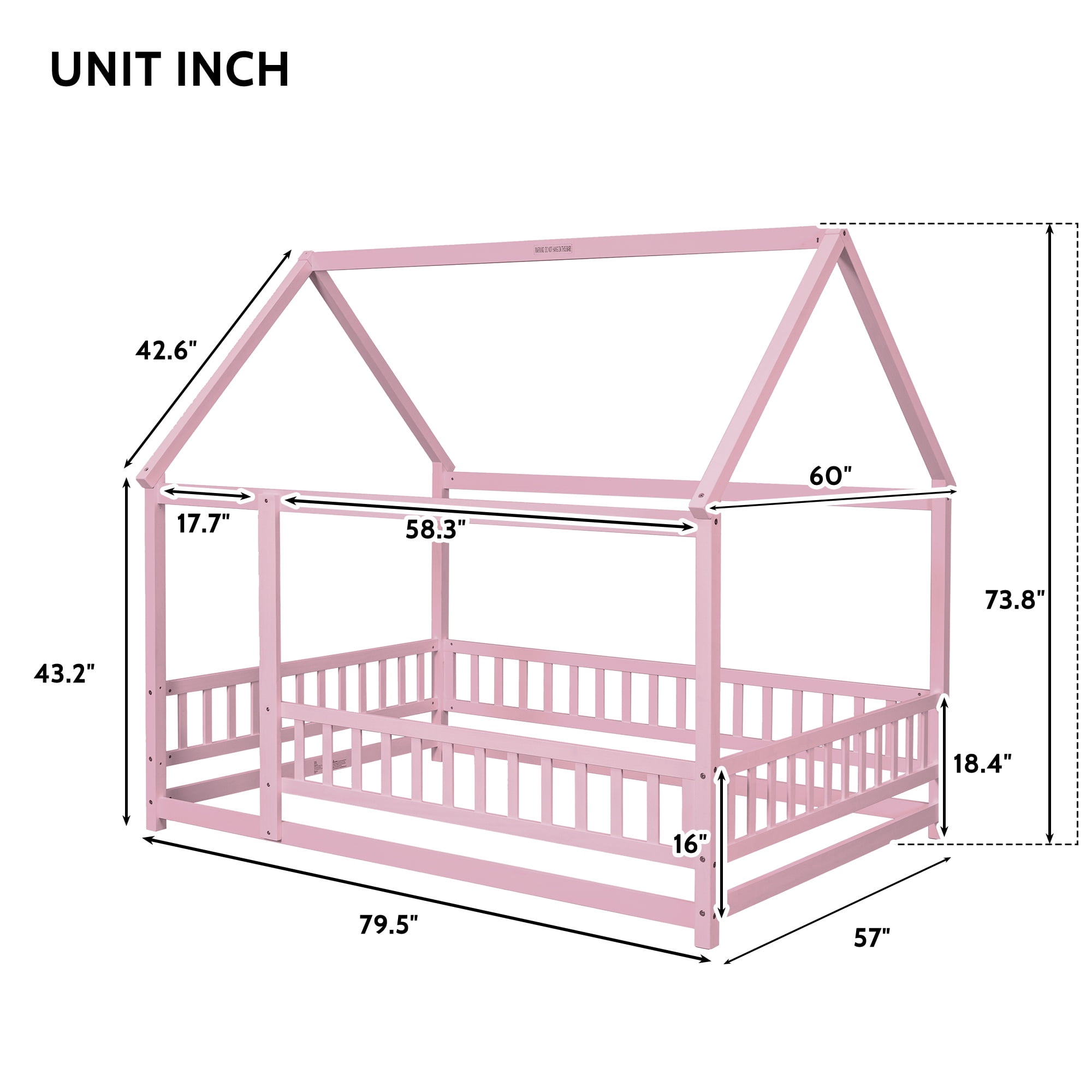 Bellemave Full Floor Bed, Wood Full Size House Bed Frame with Fence, Montessori Floor Bed for Bedroom（Pink)