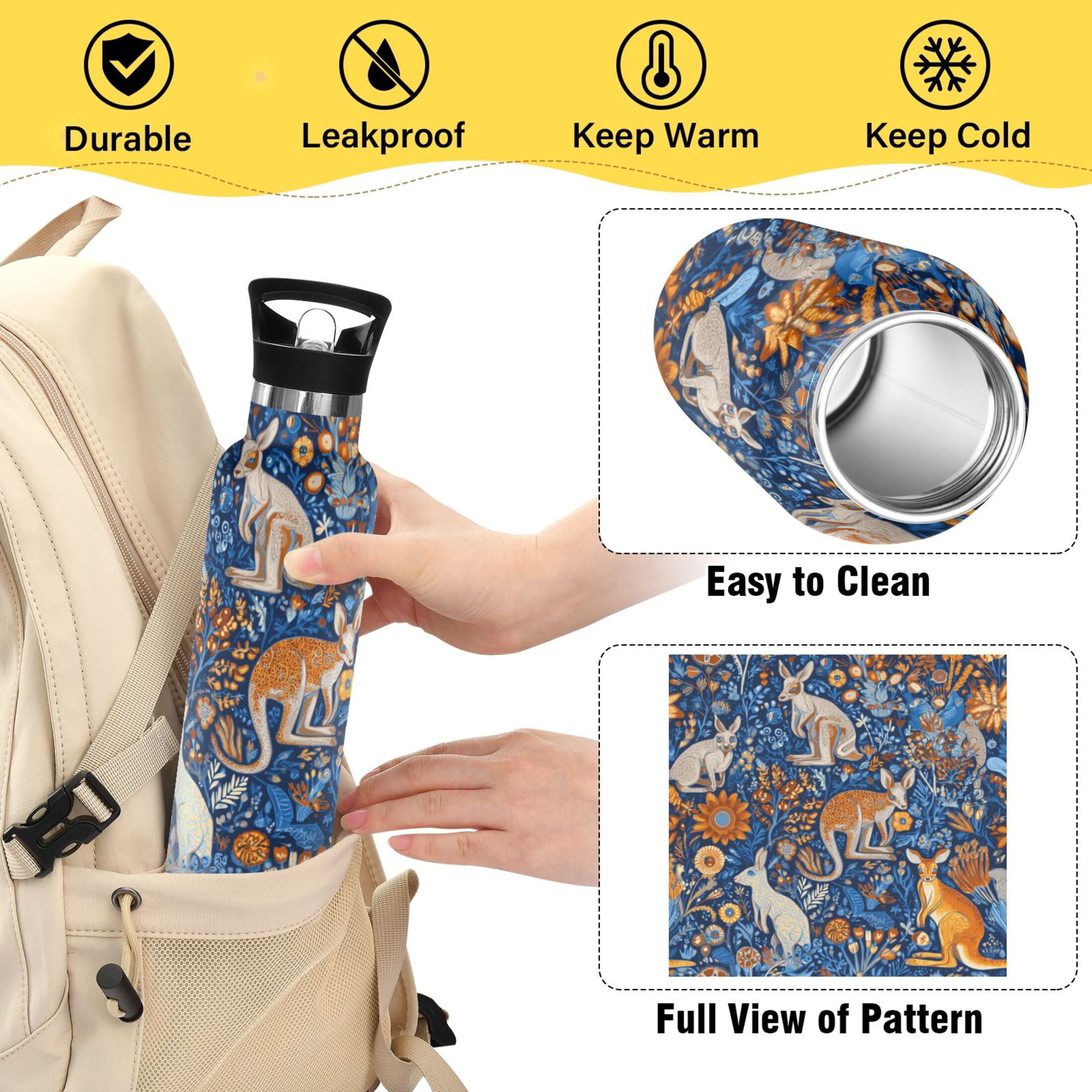 Kids Insulated Stainless Steel Sports Water Bottle 600ml (20oz) Kangaroos and Koalas Animals