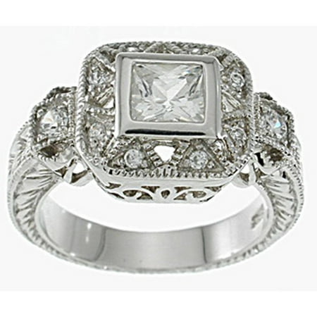 925 Sterling Silver Platinum Finish Princess Antique Style Pave Ring