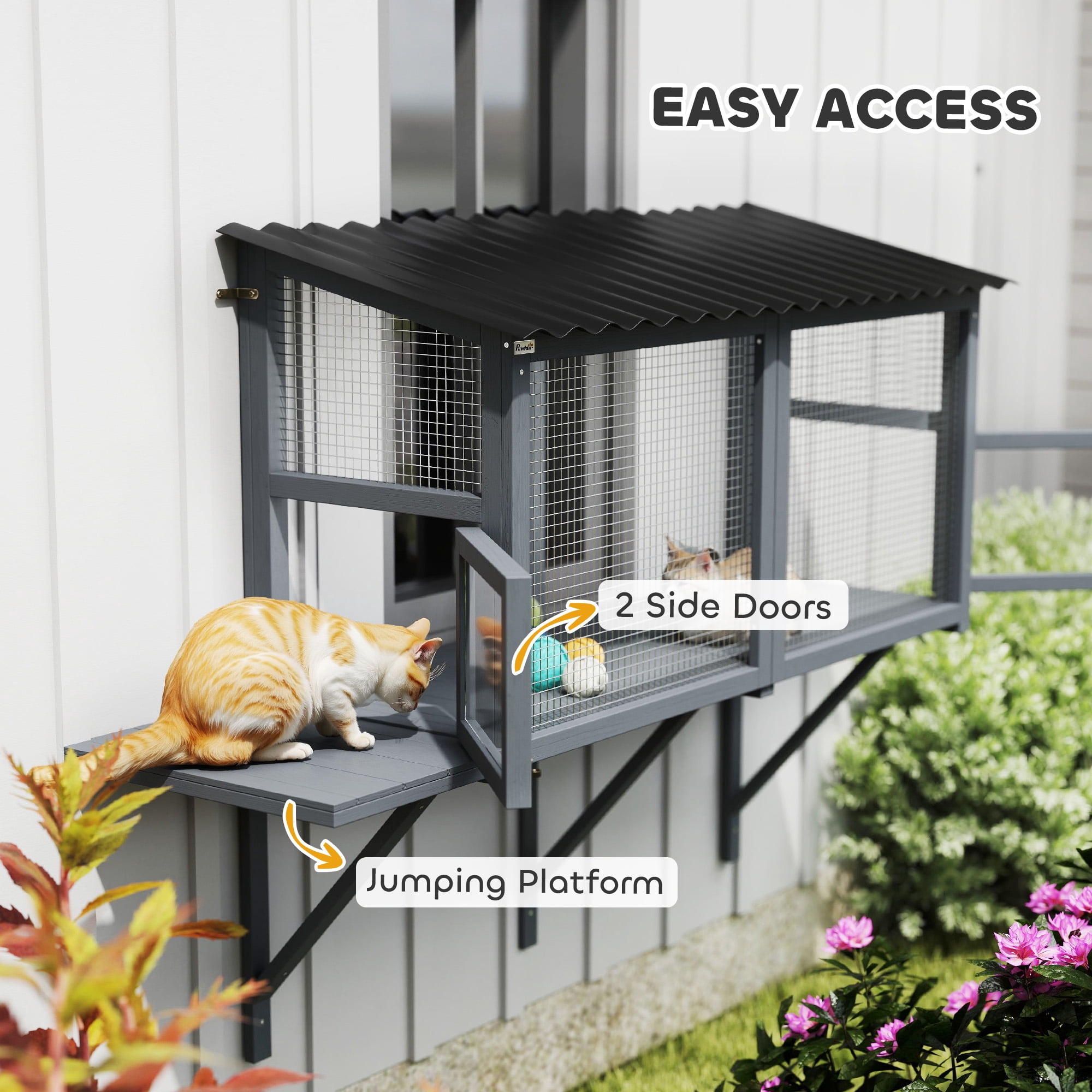 PawHut Outdoor Cat Catio, Wooden Cat Enclosure Window Perch with Jumping Platform, for Safely Enjoying Outdoor Sights, Playing, Sunbathing, Napping