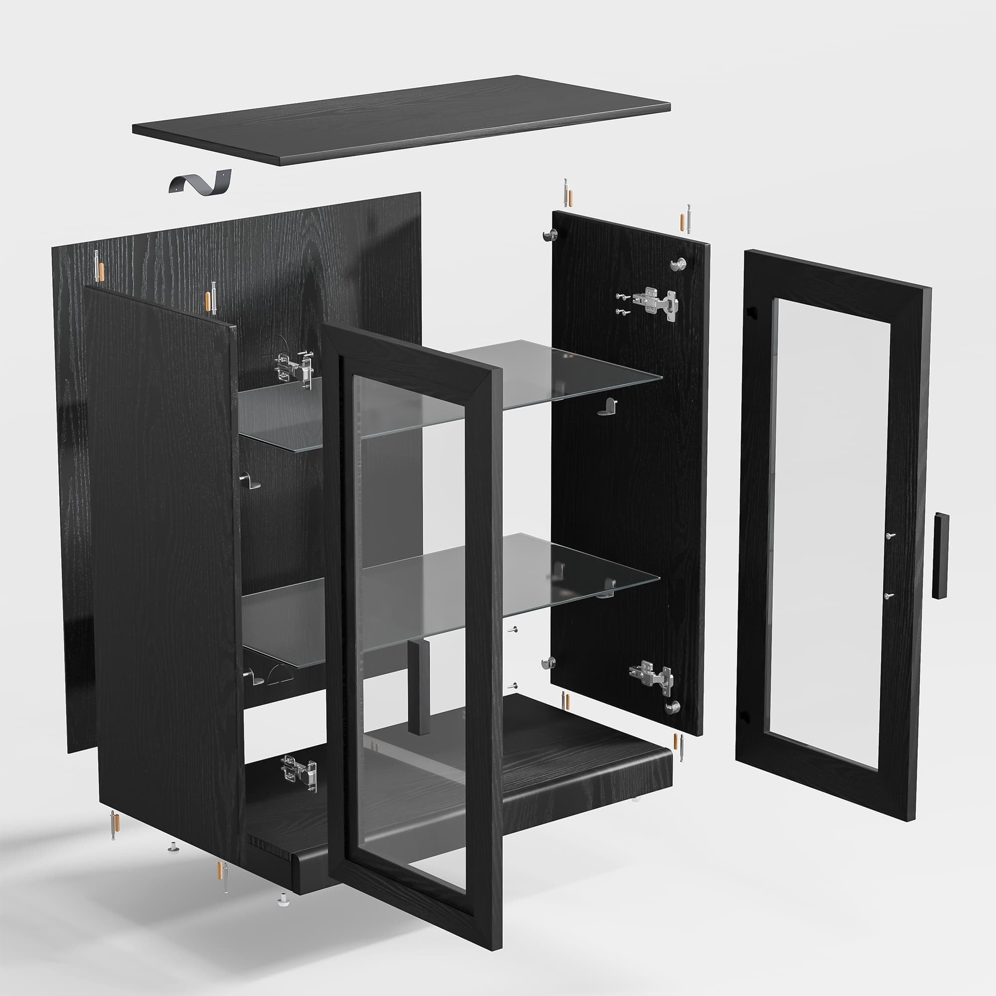 MAYEERTY Curio Display Cabinet with Glass Doors, DIY Combination Storage Cabinets with Adjustable Shelves for Living Room, Black