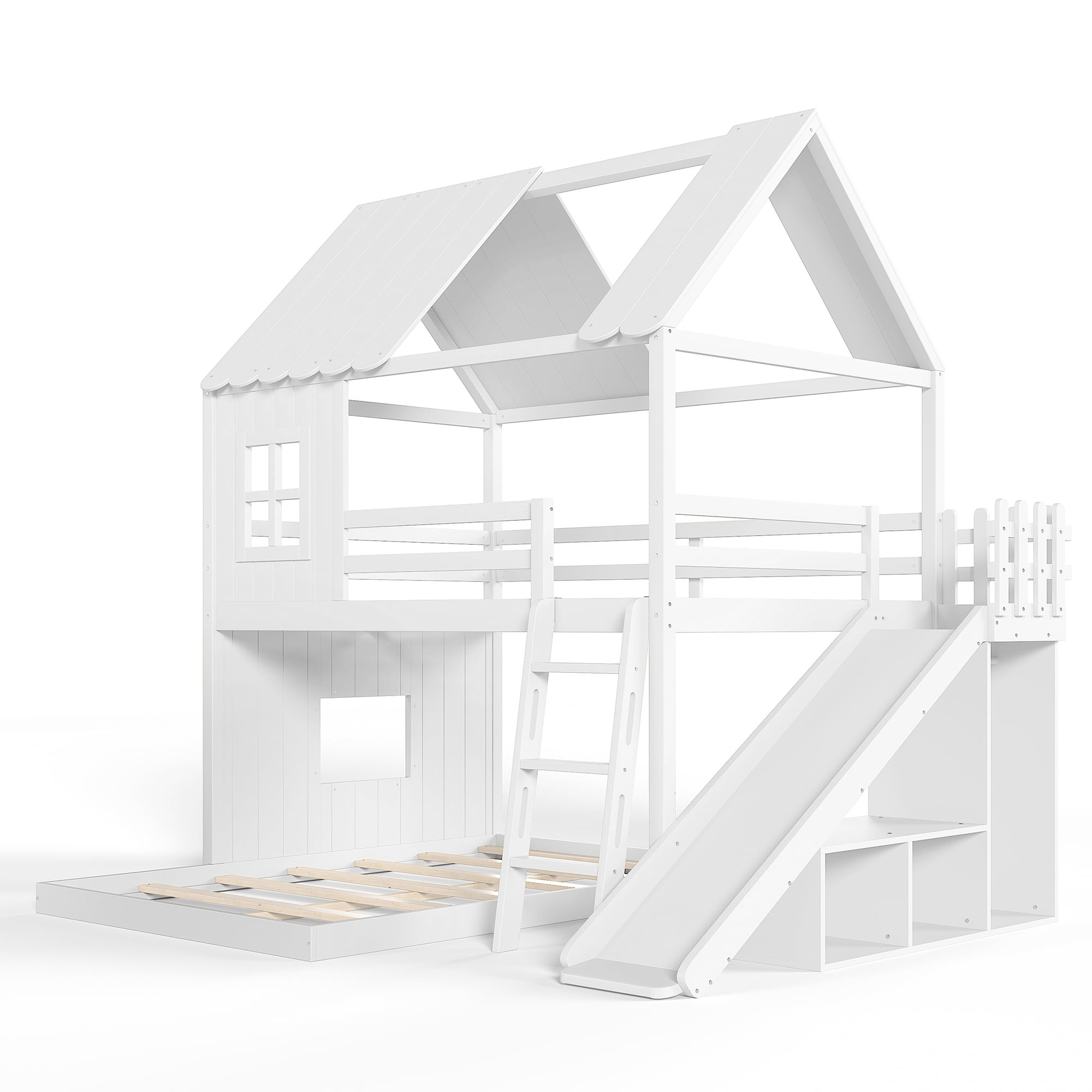 Leumius Full over Full House Bunk Bed with Ladders and Slides, House Floor Bunk Bed Frame with Storage Shelves and Wardrobe, Playhouse Design for Boys Girls White