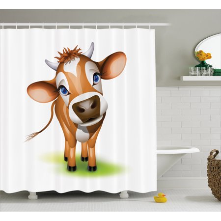 Cow Eye - Baby Shower Curtain, Digitally Composed Cow with Beautiful Captivating Eyes Livestock Theme, Fabric Bathroom Set with Hooks, Cinnamon Royal Blue Green, by Ambesonne