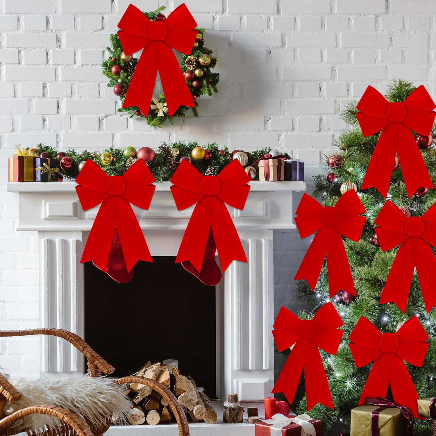 12 PCS Christmas Bows, 9 x 12 Inches Red Bows Christmas Decorations, Velvet PVC Christmas Bows for Wreaths Hanging Christmas Tree Bow Outdoor Indoor Xmas Home Party Supplies for Fence Stairs Door