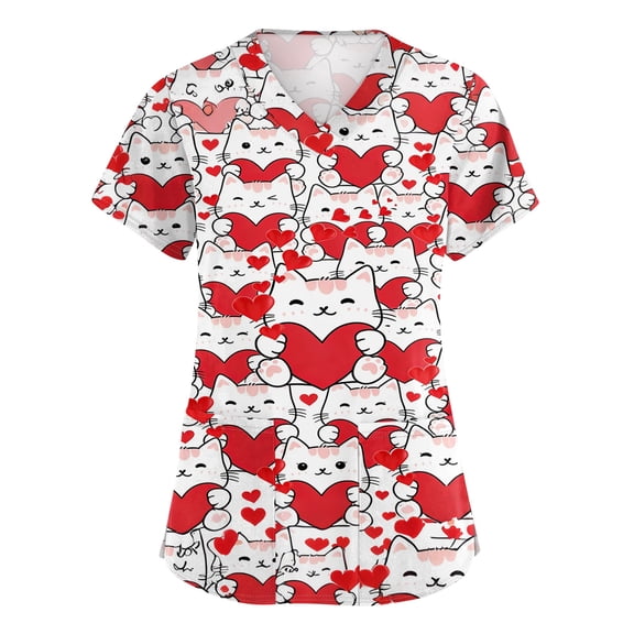 Valentine's Day Scrubs Tops for Women Love Heart Printed V-Neck Medical Shirt Tops Valentines Caregiver T Shirts