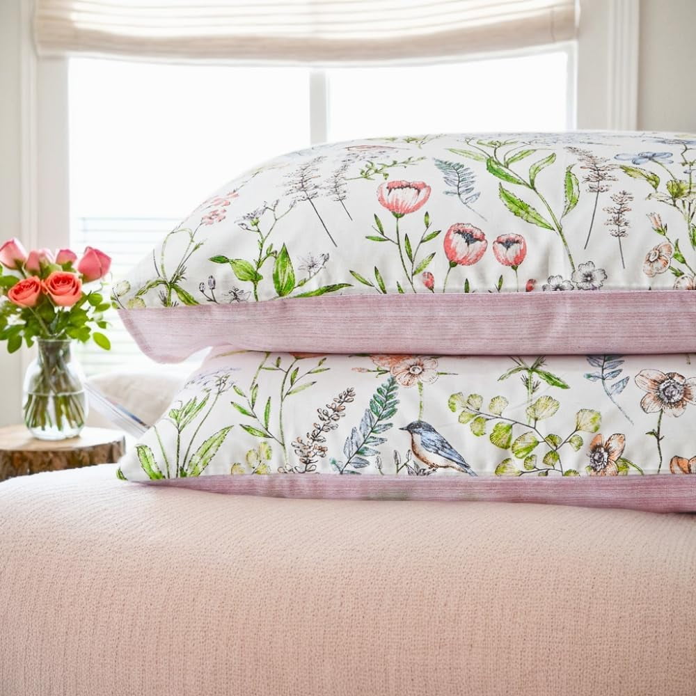 Nayoroom 100% Organic Cotton Duvet Cover Set, 3 Pieces Colorful Flowers White Duvet Cover Reversible Soft Bedding Set Queen