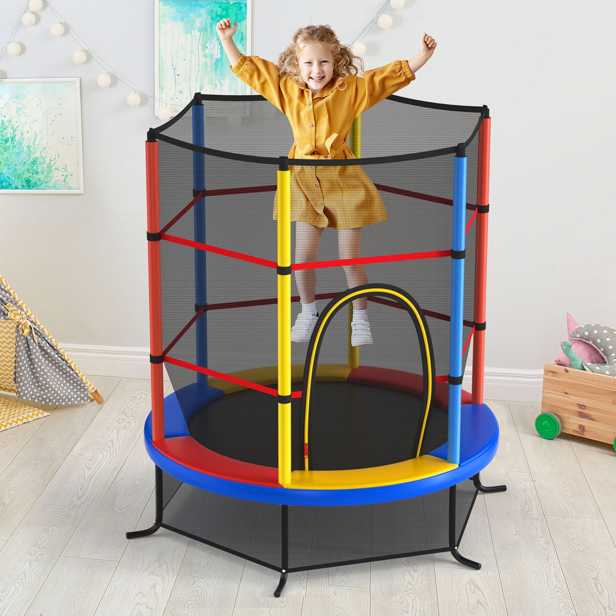 Gymax 55'' Kids Exercise Trampoline with Enclosed Safety Net