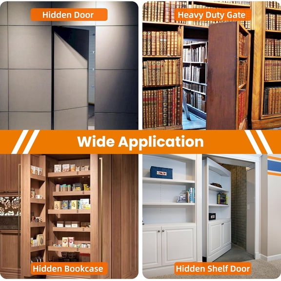 Hidden Pivot Hinge Set, Heavy Duty 570 lb Load-Bearing Invisible Hinges, 360 °   Rotation Murphy Door Hardware Kit for Bookcase & Secret Doors, Black