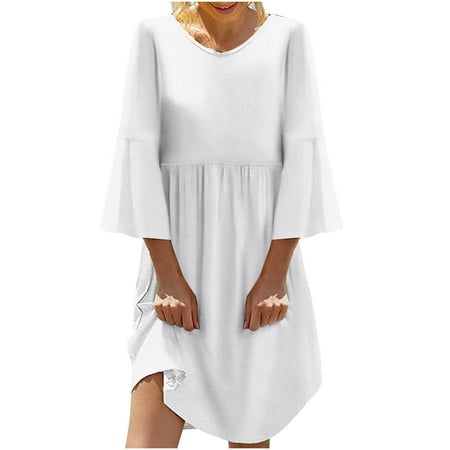 

YanHoo Women s Tunic Dresses Linen Half Sleeve V Neck Casual Dress Summer Loose Solid Midi Dress