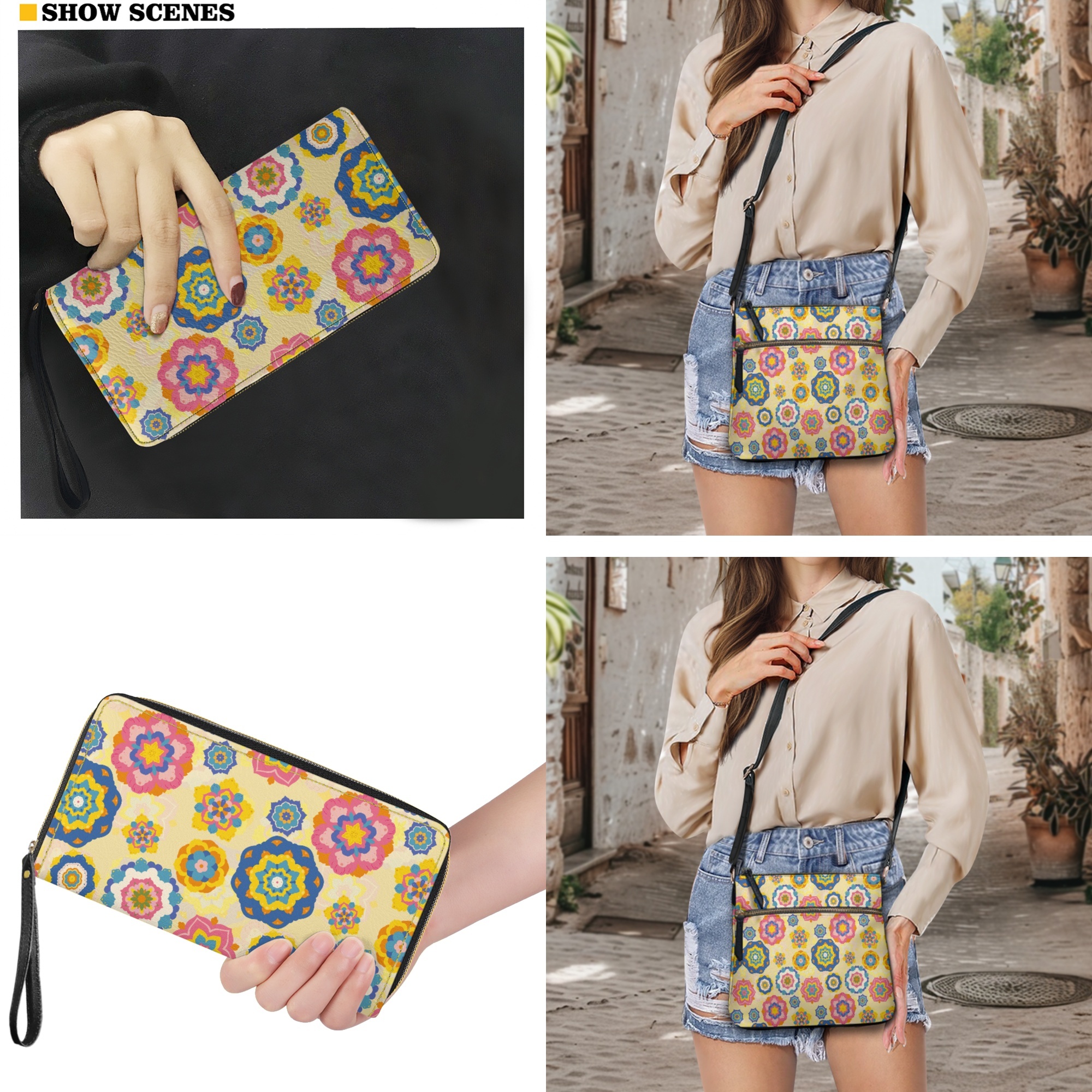 ZUXONGSY Boho Mandala Print Hobo Crossbody Bag Set for Women Lady, Leather Satchel Purse Multi Pocket Crossbody Shoulder Handbag Medium Size Messenger Bag with Adjustable Strap