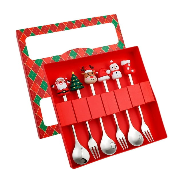 Juego de 6 cucharas y tenedores navideños, cubiertos navideños para regalo de cocina. rojo 6D