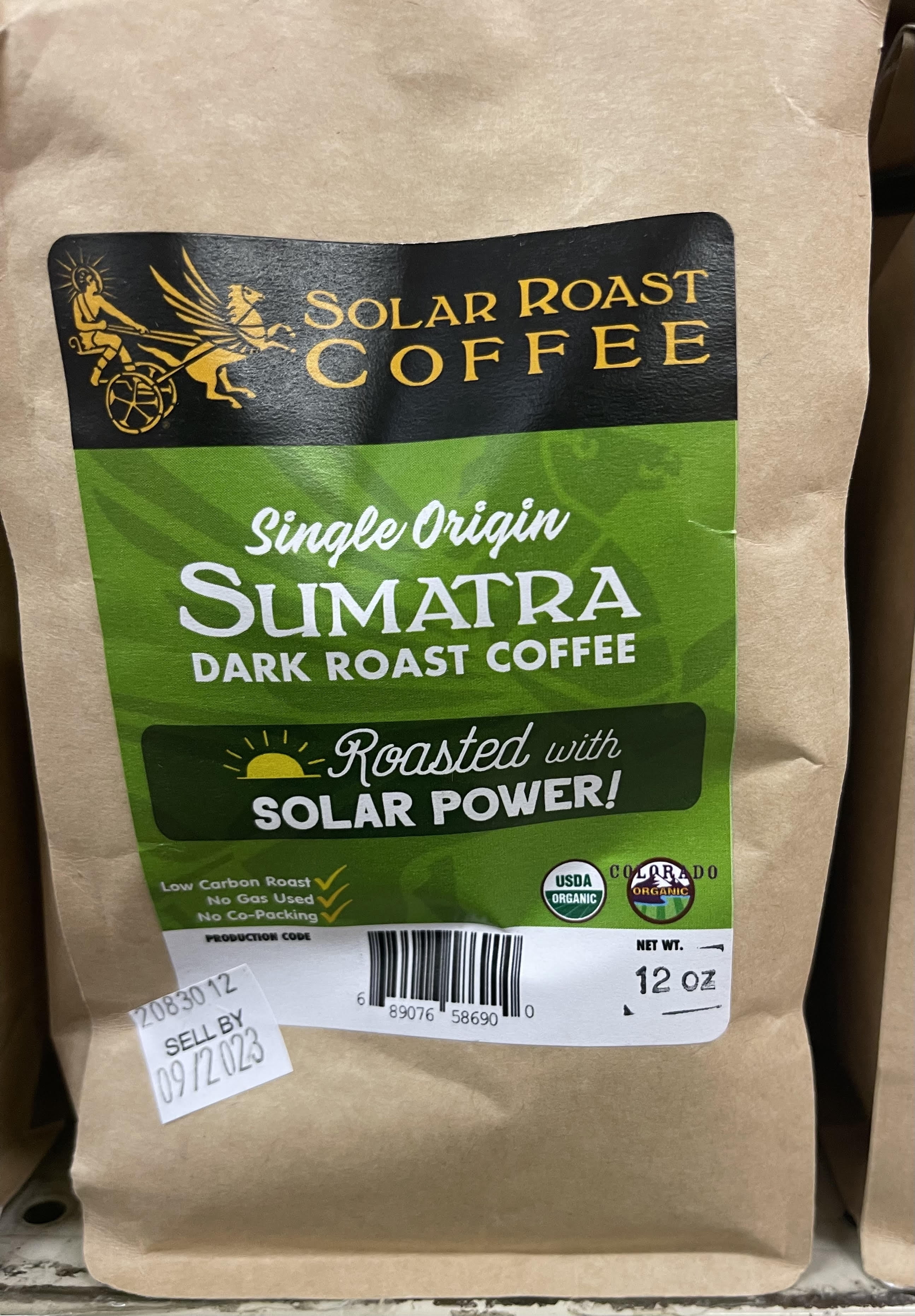 Solar Roast Coffee Sumatra Dark Roast Coffee Whole Beans. 12 oz bag