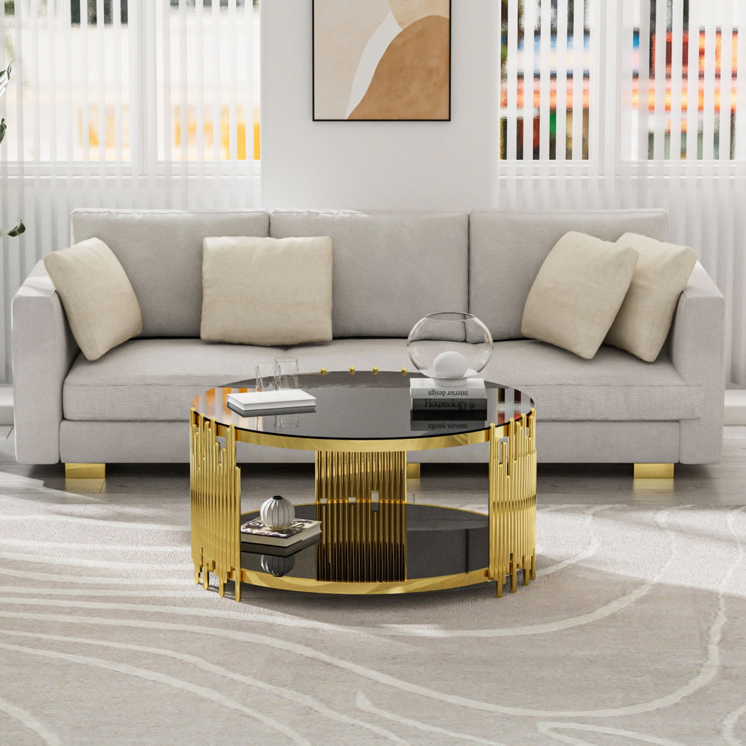 Round Coffee Tables Set of 3, Holaki 35.4" Modern Tempered Glass Coffee Table & 2 End Table with Stainless Steel Irregular Legs, Round Glass Table Set for Living Room