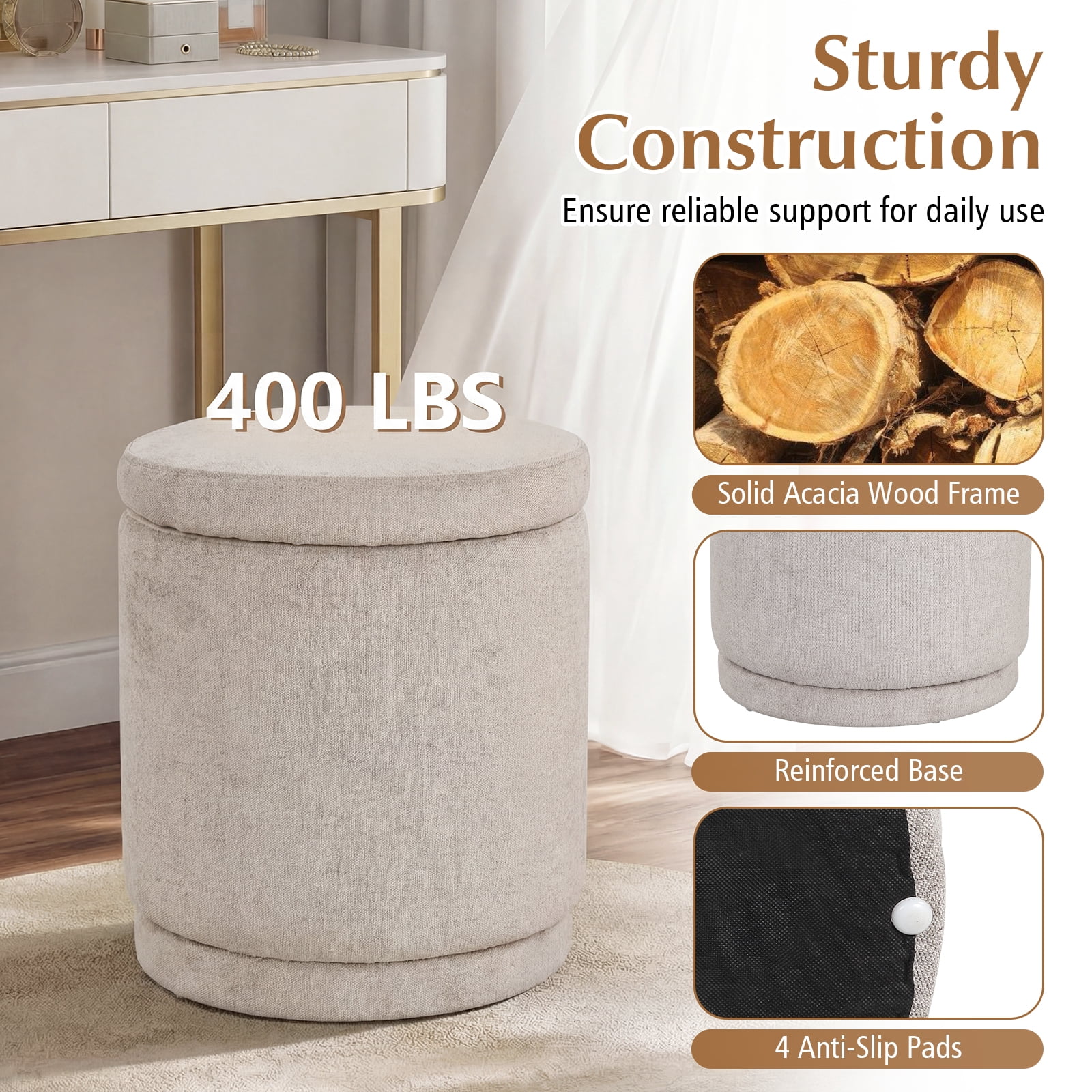 Costway Round Storage Ottoman Foot Rest with Removable Lid 400 LBS Weight Capacity for Home Beige
