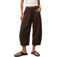 thumbnail image 3 of Women's Linen Wide Leg Barrel Capri Pants, Elastic High Waist Loose Cropped Trousers with Pockets, Breathable Summer Casual 7/8 Length Pants for Vacation Daily Office Wear Brown L, 3 of 8