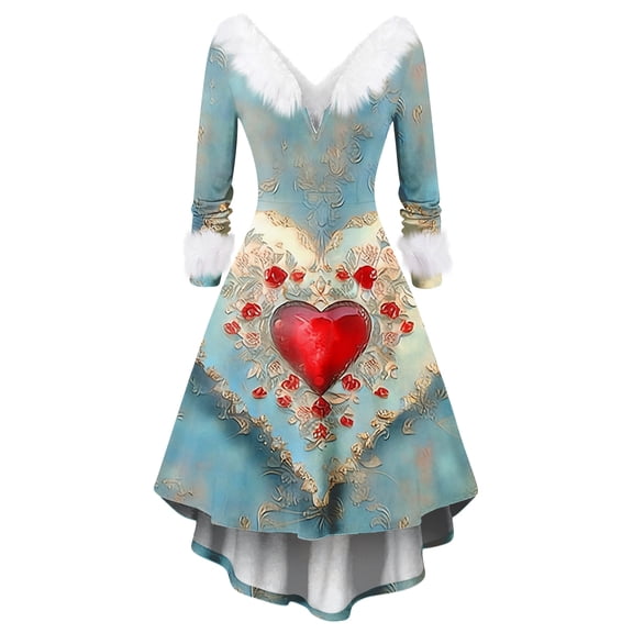 Valentines Day Dresses for Women Plus Size V Neck Long Sleeve High Low Dresses Plush Collar Vintage Holiday Party Dress Sky Blue S