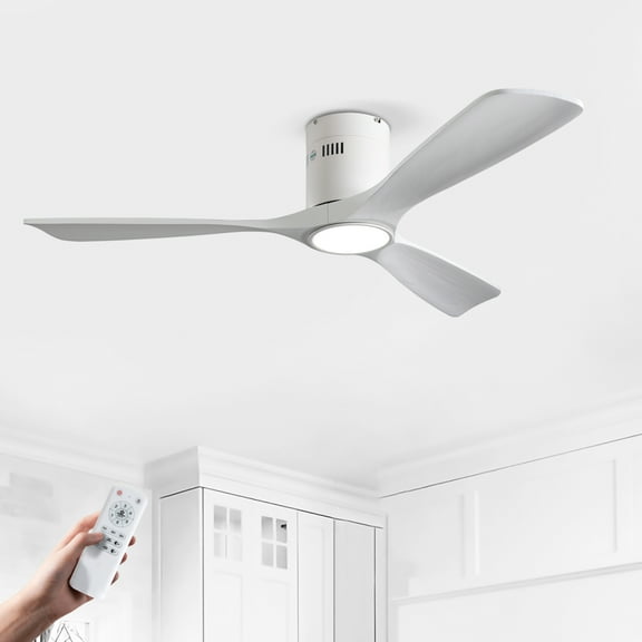 52 Inch Solid Wood Ceiling Fan with Dimmable LED Light Kit, DC Motor 6 Speed Remote Control for Indoor Outdoor Use in Living Room Bedroom Office Patio, Matte White and Wood Finish