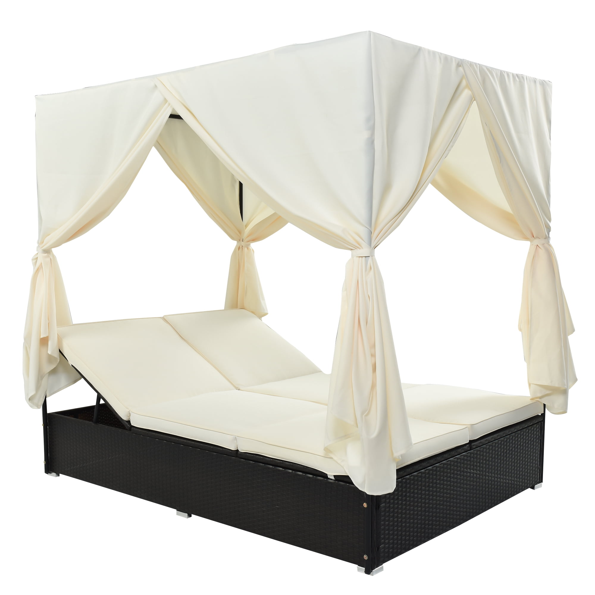 Jopath Outdoor Double Chaise Lounge Daybed with Curtains,Patio Outdoor Sunbed with Adjustable Backrest, Sturdy Steel Frame Loveseat Sofa for Backyard Poolside Terrace Beige