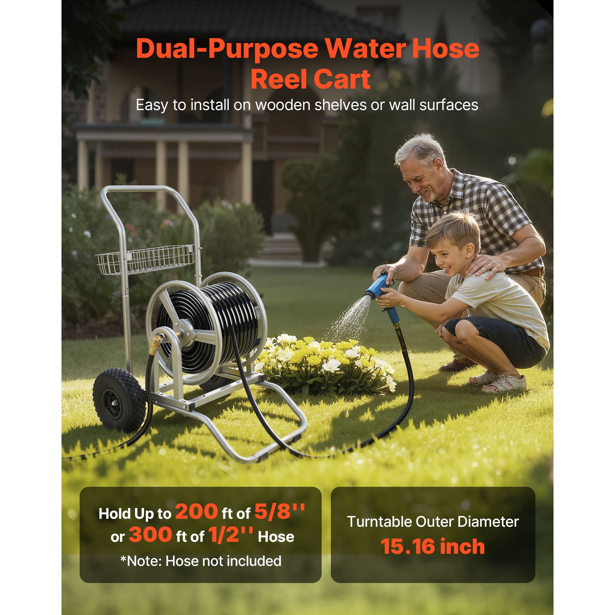 KFFKFF Portable Water Hose Reel Cart, 200/300ft High-Pressure Garden Hose Storage with Two Wheels, Handle & Durable Mesh Basket, Versatile Hose Organizer for Gardening, Vehicle Cleaning, and Pet Care