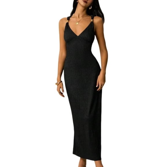 Women's Backless Spaghetti Strap Camis Long Slip Dress Guest Outfit for Wedding Summer Black S