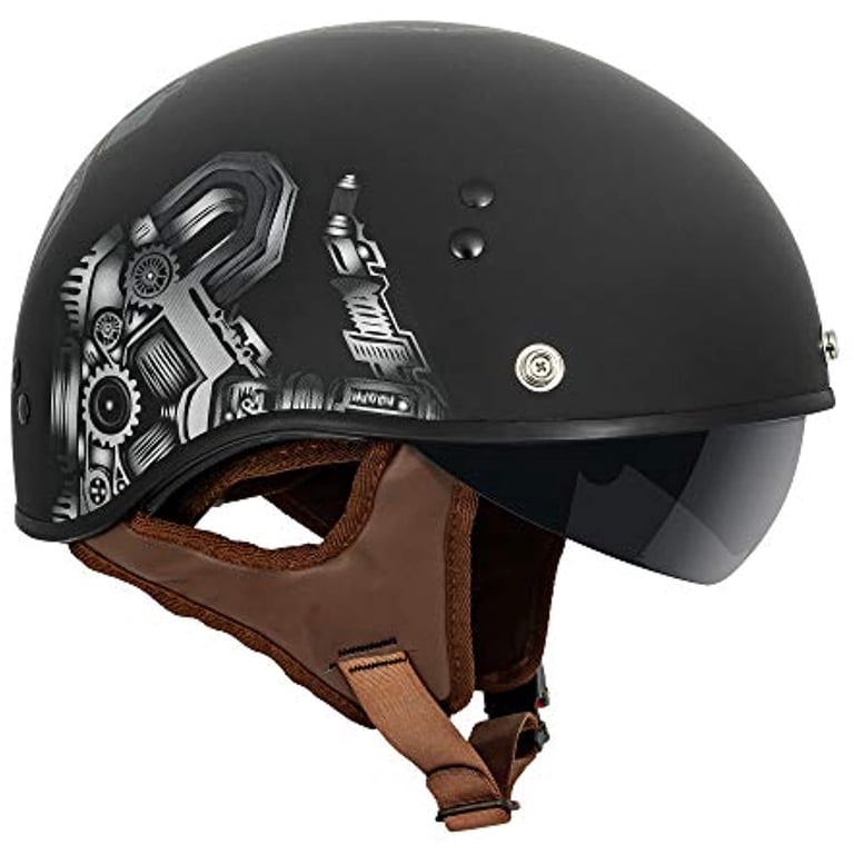 chelan wa motorcycle helmet VCAN Cruiser Solid Flat Black Half Face Motorcycle Helmet with Drop-Down  Sun Visor, Removable Peak and Quick Release Buckle (Red Skull, Small)