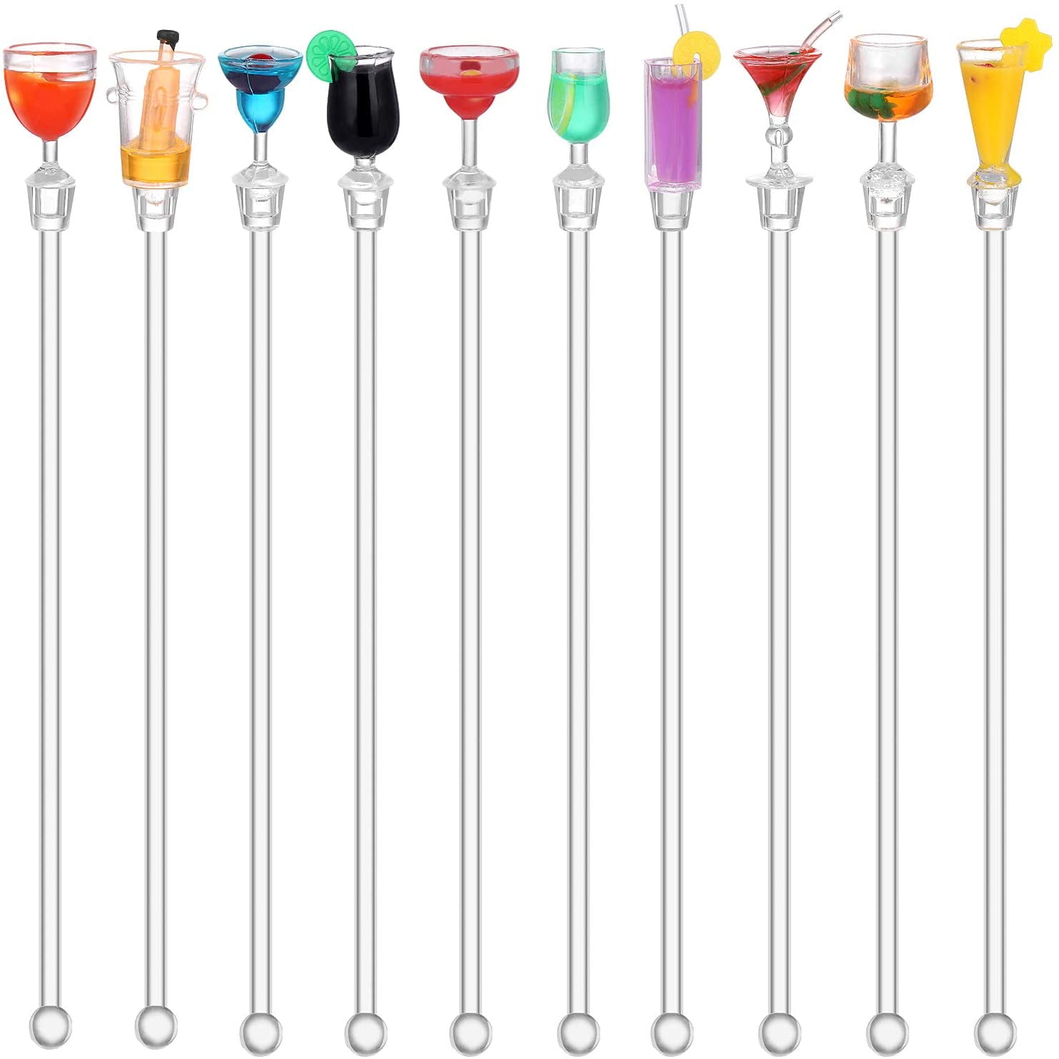 10Pcs Cocktail Drinks Tropical Drink Stirrers Acrylic Cocktail Cute Cocktail Sticks Drink Mixer Bar Stirring Mixing with Colorful Miniature Accessory 