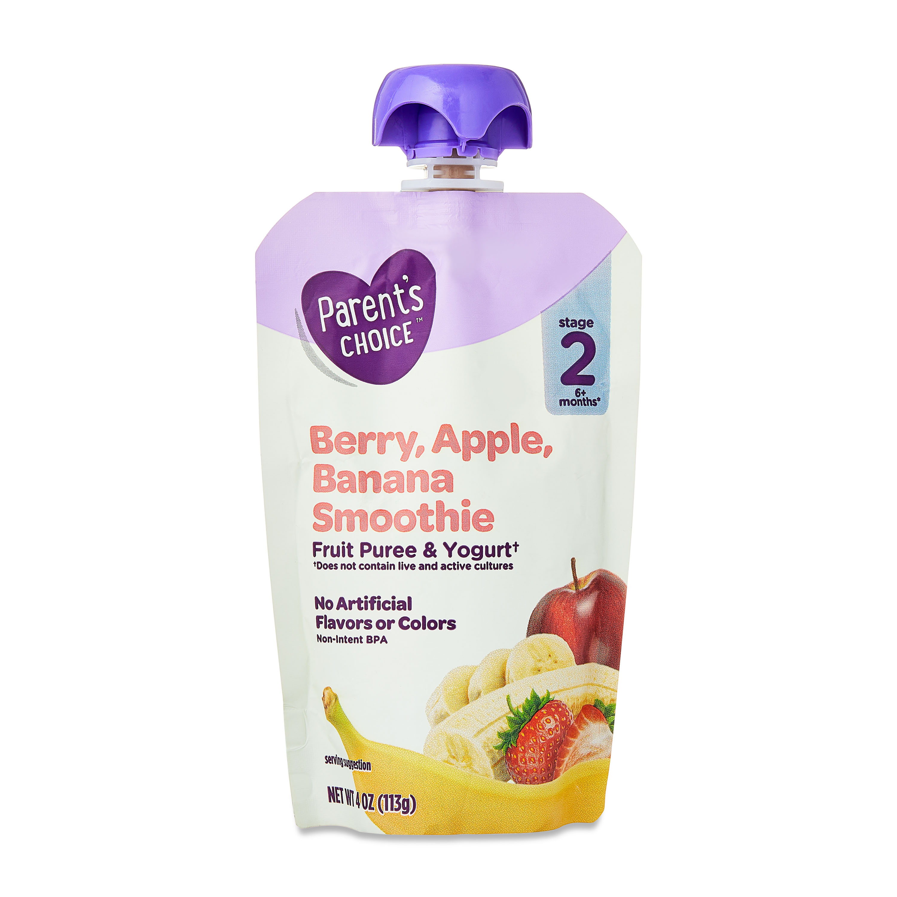 (paquete de 12) Parent's Choice Etapa 2 Puré de frutas y yogur para bebé Berry, Apple, Banana Smoothie, bolsa de 4 oz 2