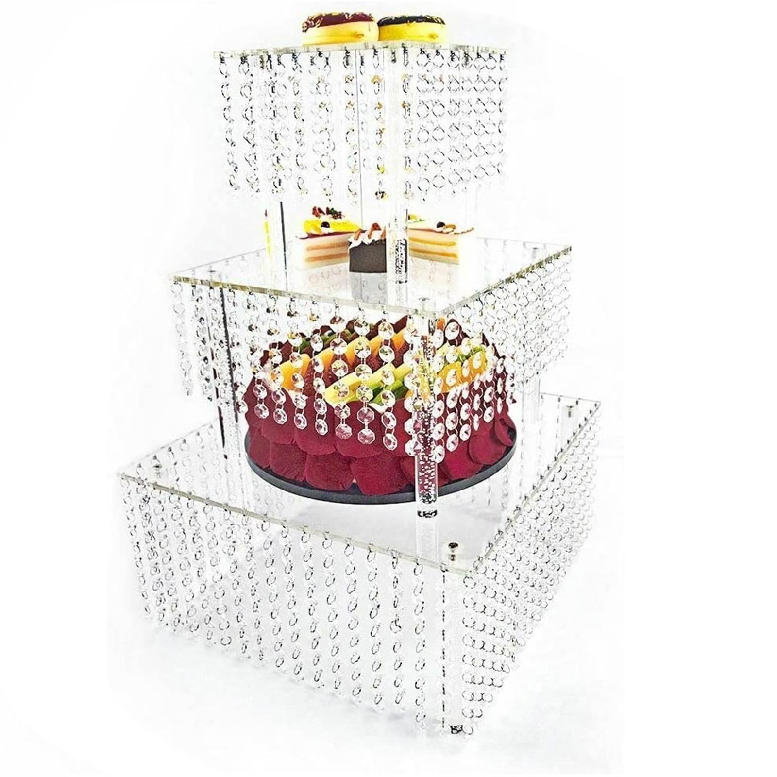 Butterflyevent 3 Tier Square Acrylic Crystal Beaded Chandelier Cake Stand For Birthday Wedding Party Cascade Cupcake Tower Wedding Centerpiece