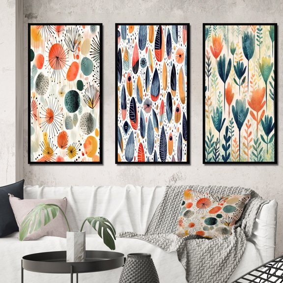 Designart "Scandinavian Flowers in Coral and Teal I" Abstract Framed Wall Art Set Of 3 - Coral Abstract Frame Gallery Wall Set For Home Decor