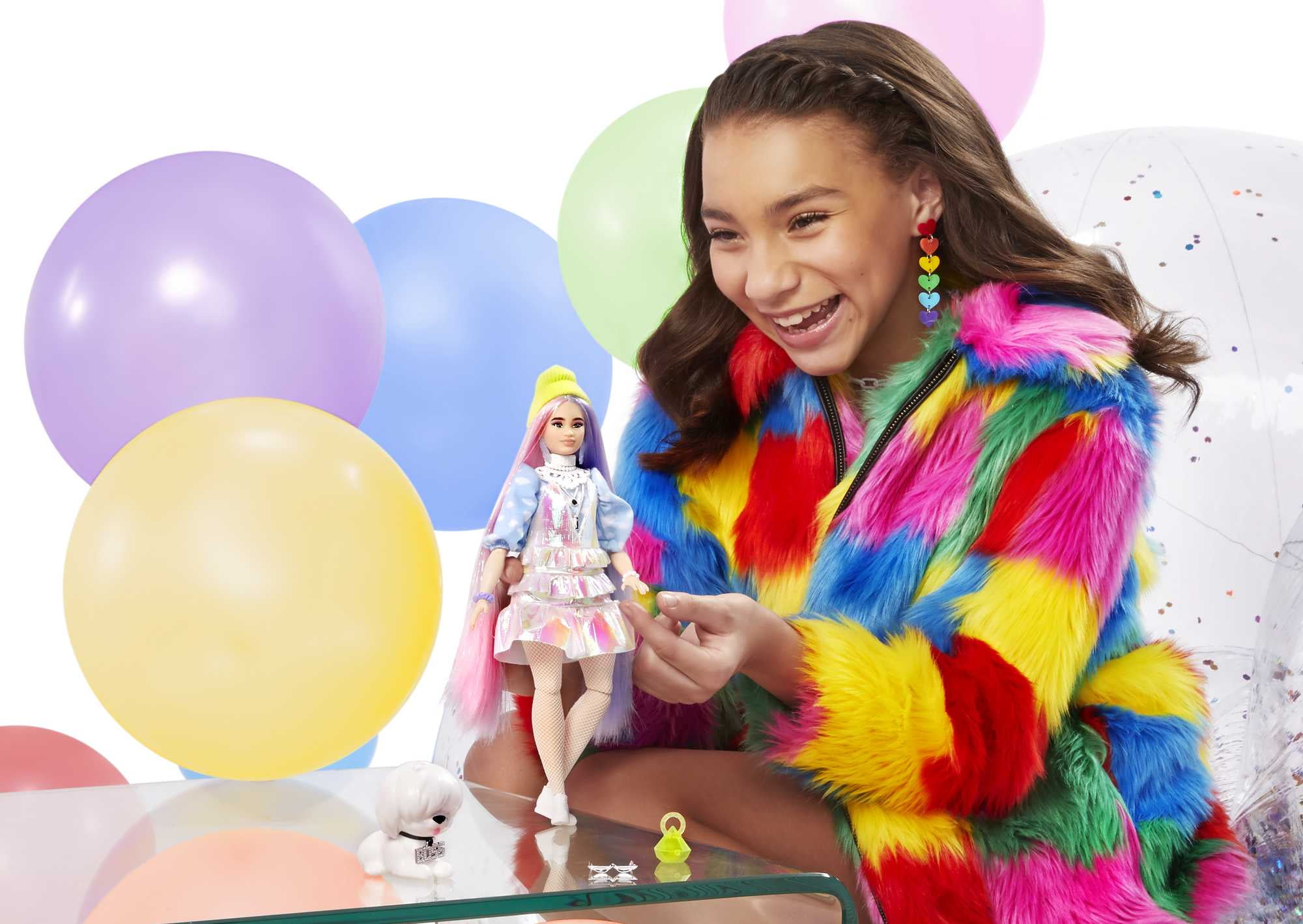 Barbie Extra Fashion Doll with Shimmery Look, Pink & Purple Fantasy Hair, Accessories & Pet