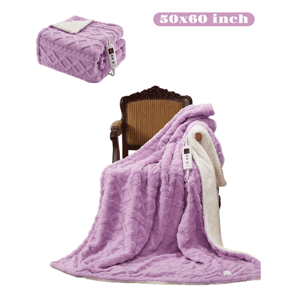 Electric Heated Blanket 50"x60", Sherpa Heated Blanket with 10 Heating Levels, 10 Time Settings, Machine Washable, Purple