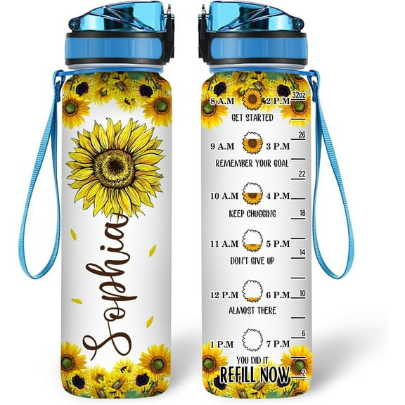 Personalized Sunflowers 32oz 1Liter Motivational Water Bottle, Customized Name Tracking Sunflower Water Bottle With Time Marker, Gifts For Women Sunflowers Lovers On Birthday