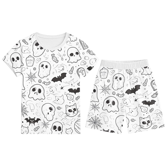 Tisuna Boys Halloween Diy Pajama Set Graphic Print Short Sleeve Round Neck Shorts Sleepwear Outfit Casual Soft Homewear For Kids 2-12 Years White1 Size 3-4 Years
