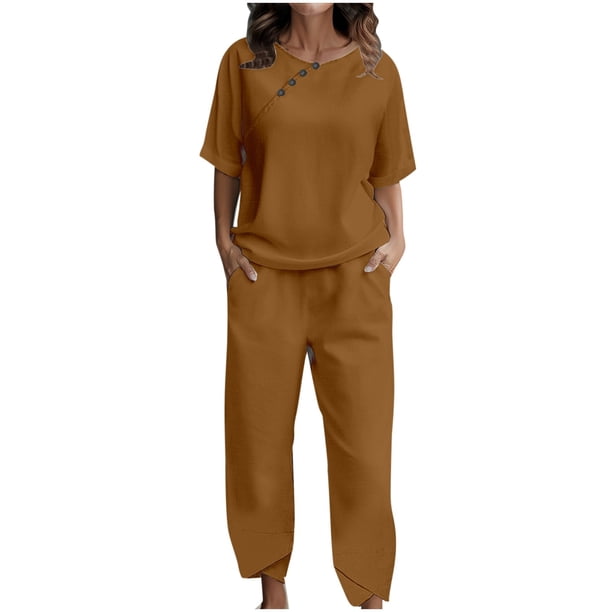 Conjunto de dos piezas para mujer: camiseta de manga corta con botones y pantalón largo - Poliéster y spandex, estilo informal de verano