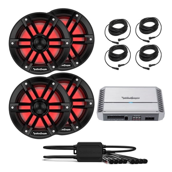 Rockford Fosgate PM600X4 4 Channel Marine Amplifier with 2 Pairs M1-65B M1 Series 6.5" Marine Black   (1) PMX-RGB Optix LIght Controller   (4) RGB-25 25' Extension Cable