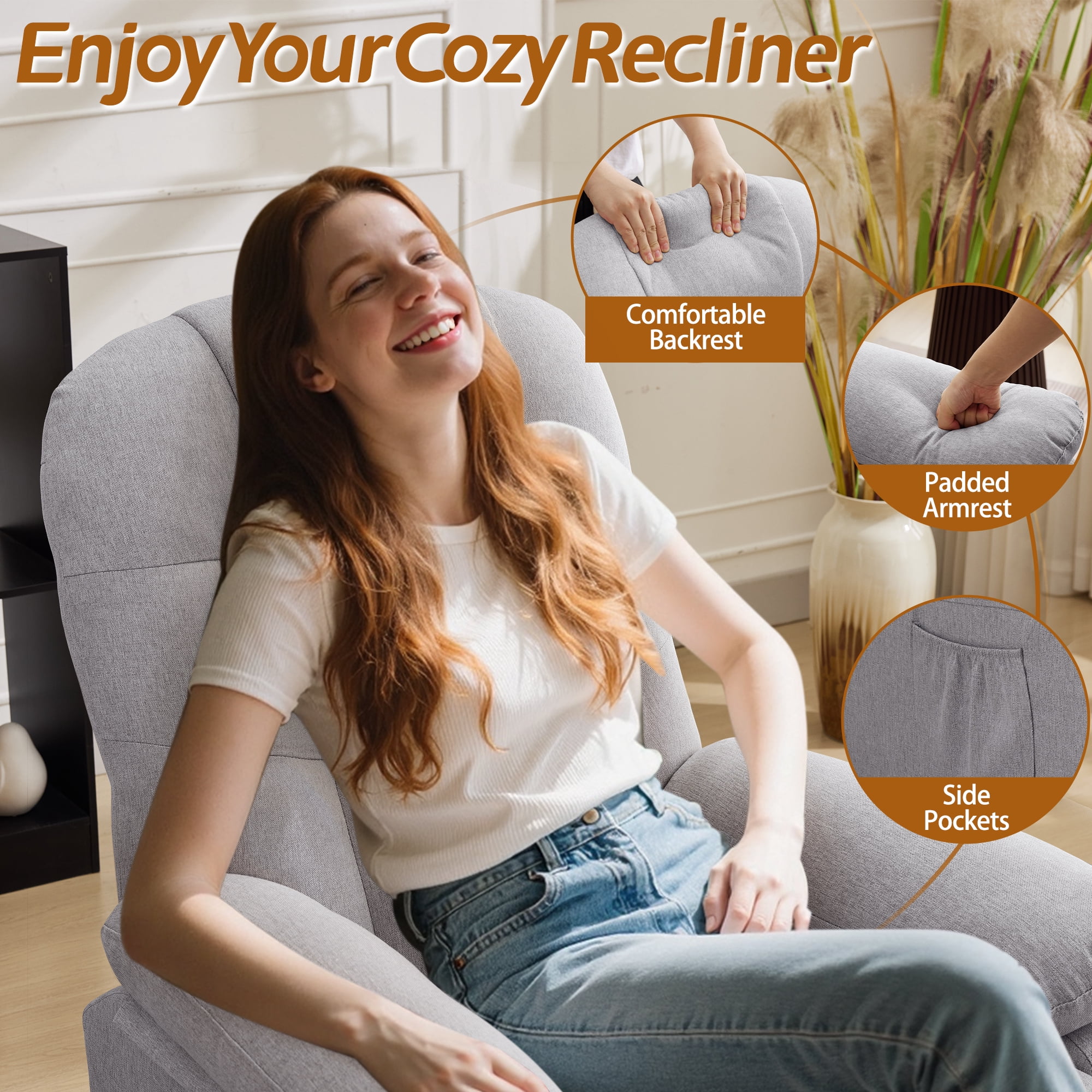 Korser Manual Swivel Rocker Recliner Chair for Living Room,Small Recliner Sofa for Small Spaces,Linen Fabric,Light Grey