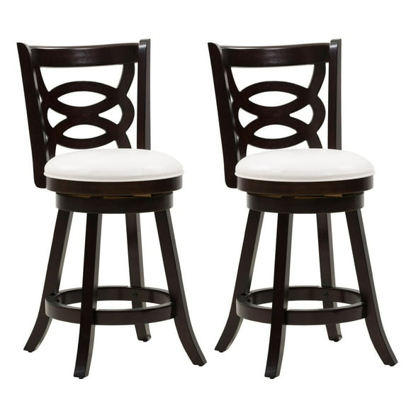 CorLiving Wren Dark Brown Swivel Bar Stool with White Faux Leather Seat and High Backrest Set of 2 - Counter Height Bar Stools with Back - Wood Barstools for Kitchen Island, or Kitchen Counter