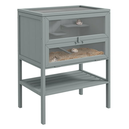 Hamster Cage 3-Tier Wooden Mice Rat Small Animal Hutch Gray with Storage