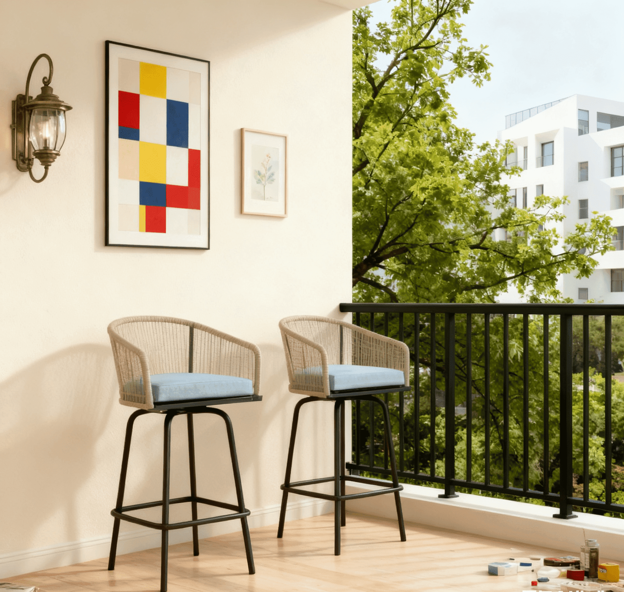 Segmart Patio Bar Stools Set of 2, Outdoor Rattan Bar Chair , Patio Height Tall Outdoor Stools with Armrests ,Backrest, suitable Backyard, Garden, Pool, Balcony and Deck- blue