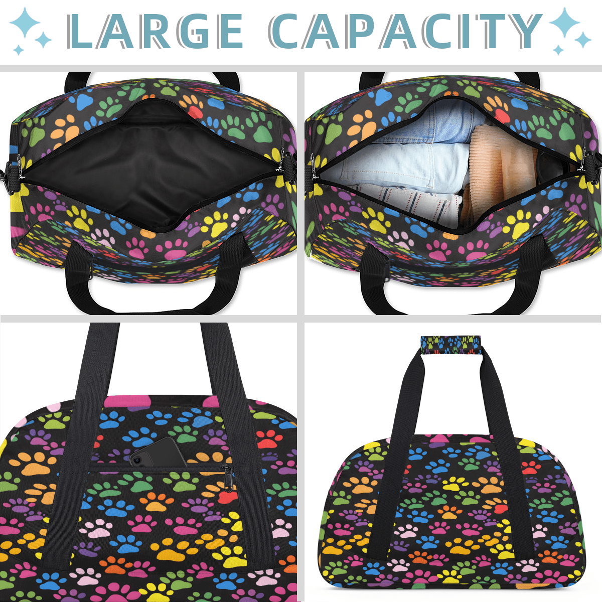 Herdesigns Sports Duffle Bags Travel Duffle Bag Gym Bag Paw Print Colorful Dog Paw Weekender Travel Bag Waterproof Overnight Bag Carry On Travel Tote Bag Dance Bags