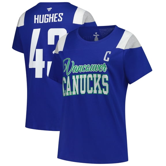 Women's Fanatics Quinn Hughes Royal Vancouver Canucks Plus Size Name & Number Scoop Neck T-Shirt