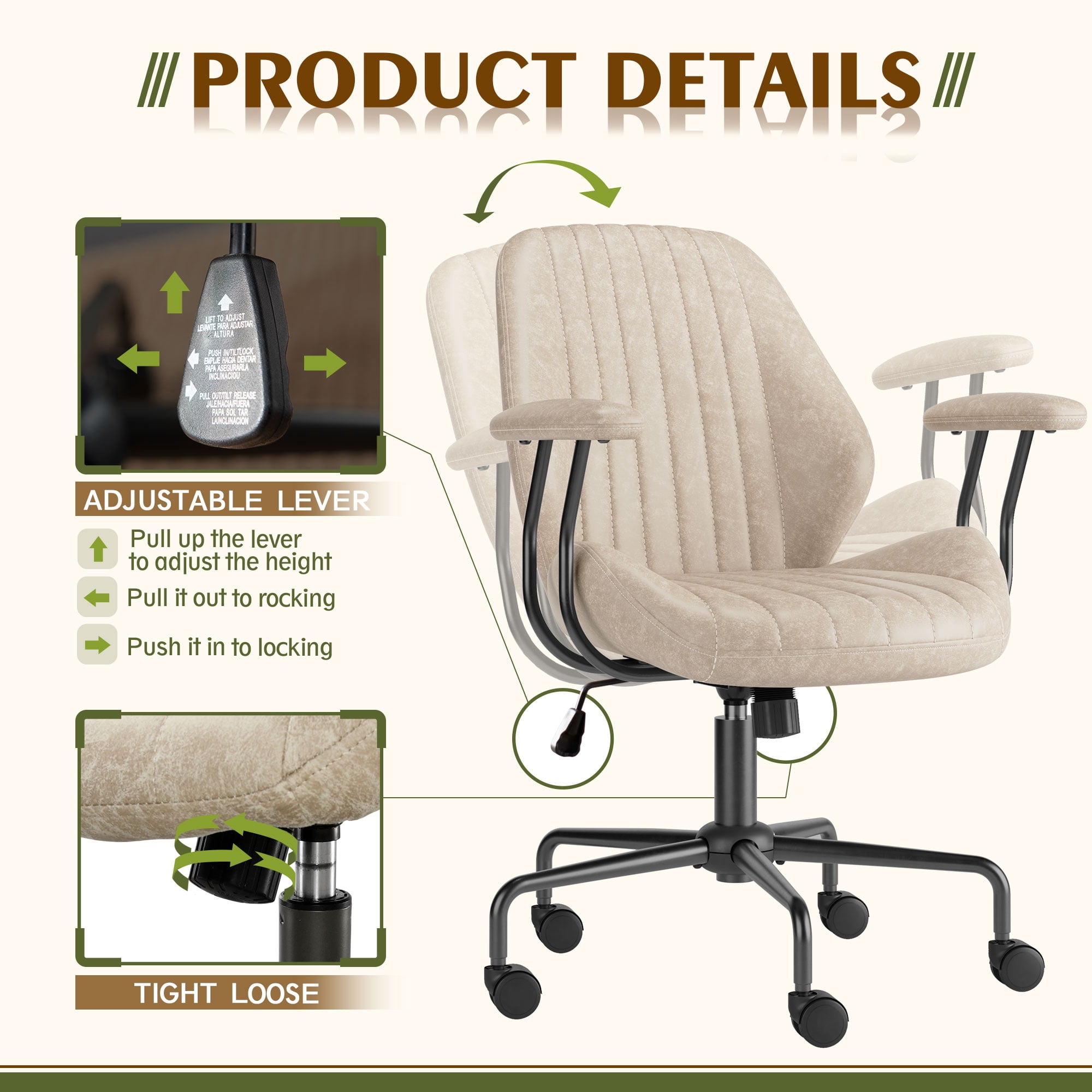 Toject Ergonomic Office Chair, Mid Back Comfy Home Office Chair with Lumbar Support, Mid-Century Modern Computer Executive Desk Chair with Thickened Cushions (Suede Leather, Beige)